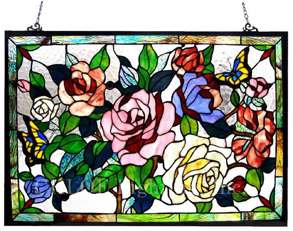 Tiffany Style Stained Glass Window Panel 27" x 19" Butterfly & Roses Floral