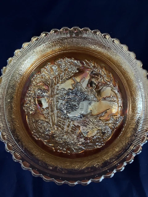 Vintage Gold/ Amber Colored Carnival Glass Double Dutch Windmill Footed Bowl