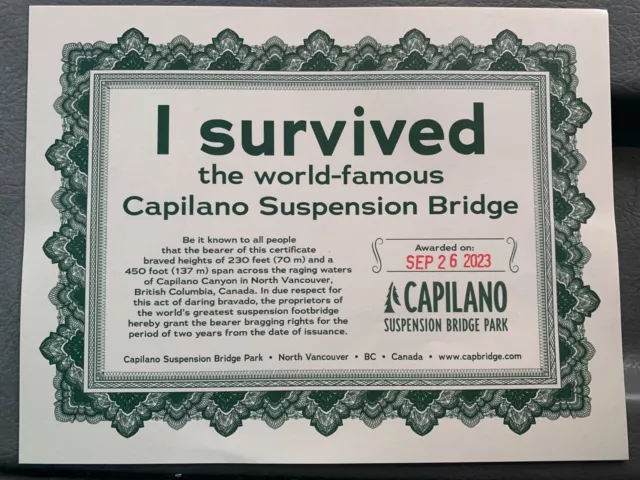 Capilano Suspension Bridge Certificate - 26 Sept 2023 - Vancouver Canada