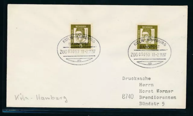 03596) Bahnpost Ovalstempel Köln - Hamburg ZUG 3050 II ab, DS 1966