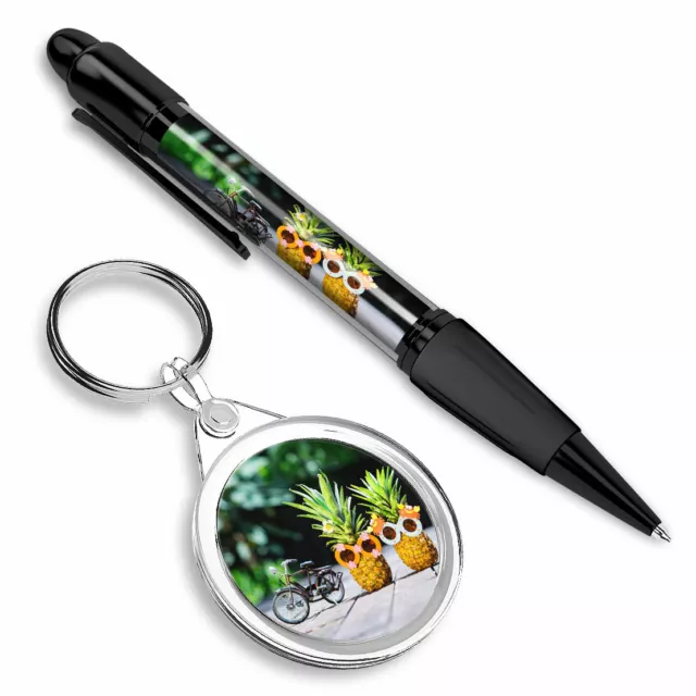 Pen & Keyring (Round) - Cycling Bike Couple Pineapple #12702