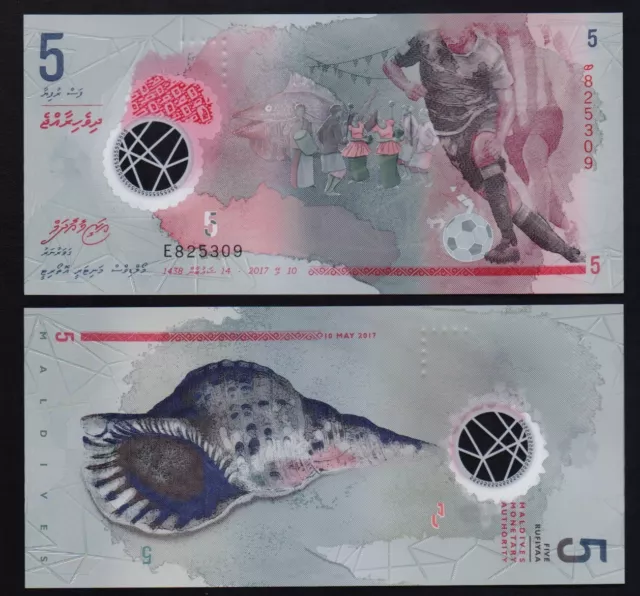 MALDIVES: B222a P#A26a 5 Rufiyaa 10.05.2017 Polymer Uncirculated Banknote.