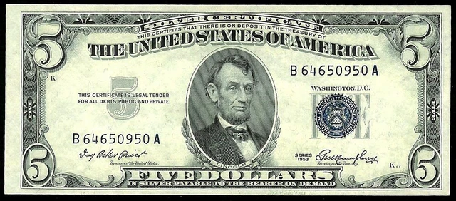 1953 United States $5 Silver Certificate Note Crisp Uncirculated Fr.# 1655