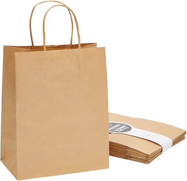 12 Pack Medium Paper Bags Handles Bulk Brown Party Favors Goodies 8X4.75X10 Inch