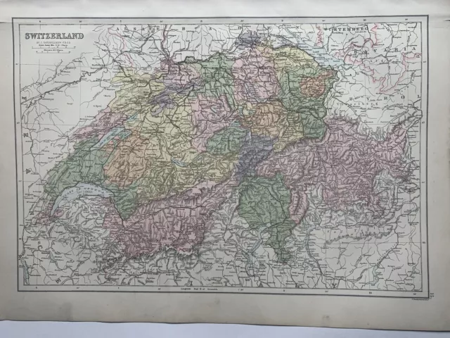 1884 Switzerland Original Antique Map by John Bartholomew 137 Years Old