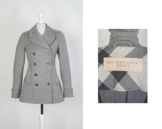 Ladies Burberry Brit Wool Gray Double Breasted Coat Jacket Size UK 4 US 2