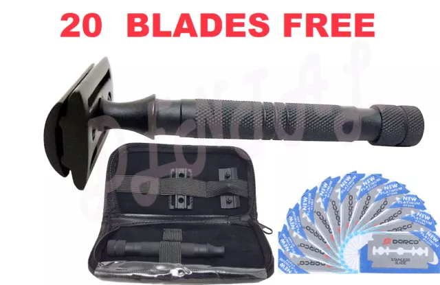 Safety Razor Double Edge Black Razors + 20 Free Blades/Pouch travel kit set