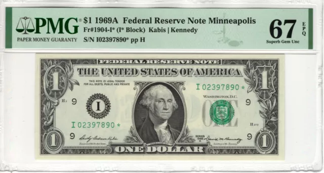 1969 A $1 Federal Reserve Star Note Minneapolis Fr.1904-I* Pmg Superb Gem 67 Epq