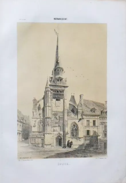 Lithographie en deux tons XIXème - Normandie - Église de Nonancourt - Lancelot