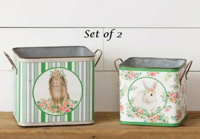 NEW SPRING BUNNY NESTING TINS COUNTRY STORAGE SET OF 2 Easter Bunnies Baskets