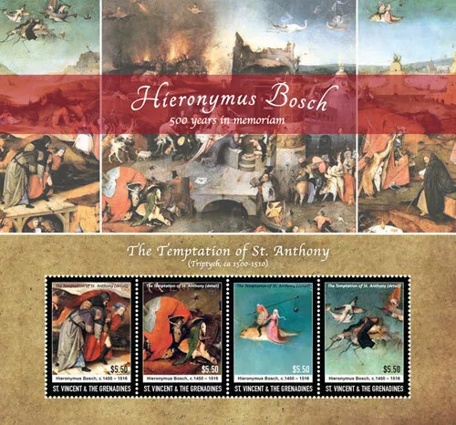 St. Vincent 2016 - Hieronymus Bosch, Paintings, Art - Sheet of 4 Stamps - MNH