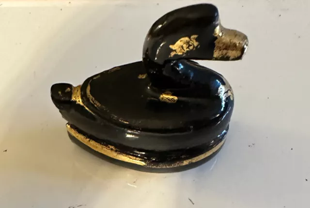 Vintage Burmese Black and Gilded Gold Leaf Lacquered Wooden Duck Trinket Box 2”