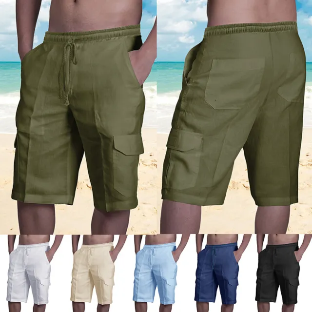 Mens Cotton Linen Shorts Elastic Waist Drawstring Summer Loose Casual Pants  Soft
