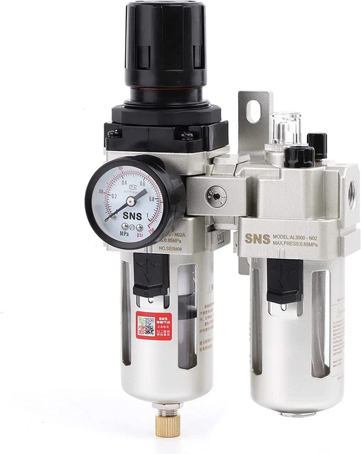 SNS Compressed Air Filter Regulator Lubricator FRL 1/4 NPT Semi-Auto Drain Wi