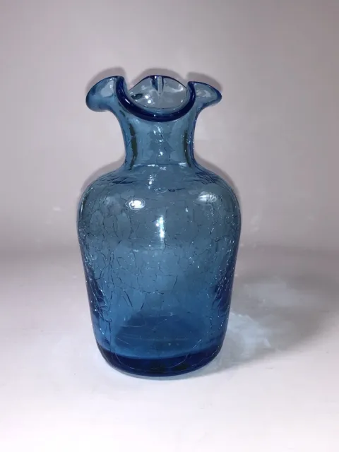 Vintage Blue Crackle Glass Vase Hand Blown w/Ruffled Top~5”