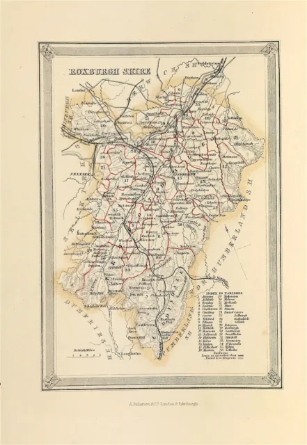 Roxburgh Shire antike Karte von Gazetteer of Scotland Ausgabe Original 1854