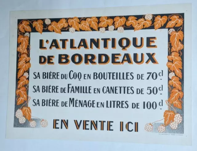 Affiche Pub Ancienne Biere L'atlantique De Bordeaux Du Coq Imp Wetterwald