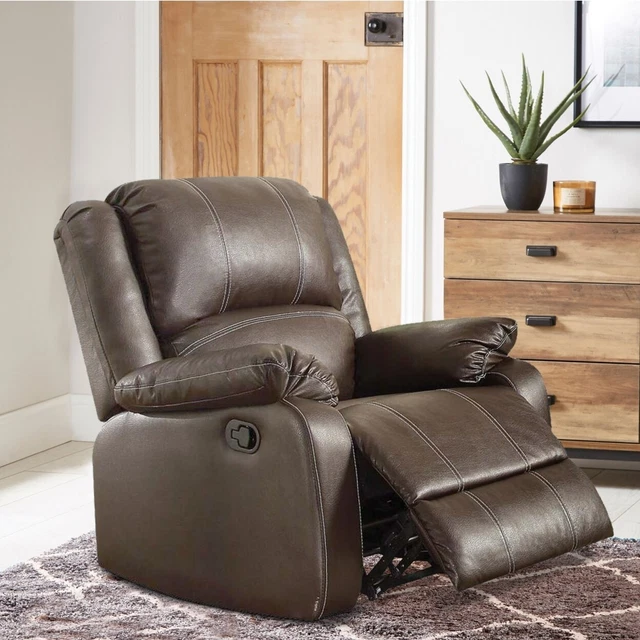 Leather Upholstered Metal Rocker Reclining Chair, Brown- Saltoro Sherpi
