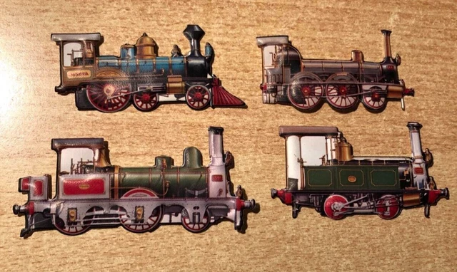 Lotto 4 figurine Plasteco tipo formaggino Mio di locomotive vapore retro bianco
