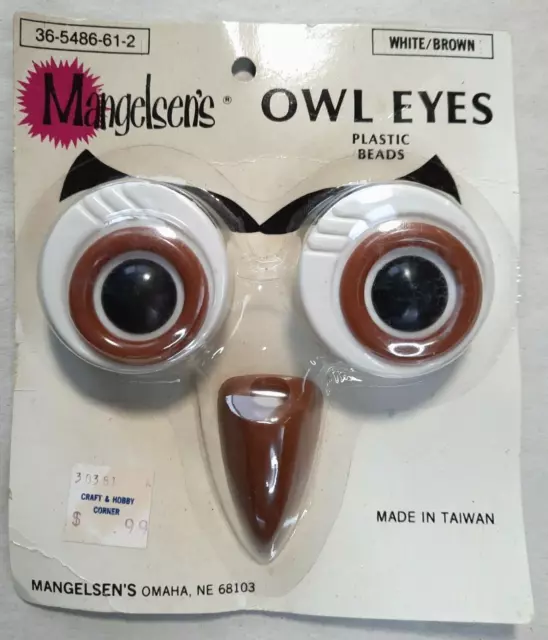 Cuentas de plástico pico de búho de Mangelsen blanco marrón macramé Taiwán ojos de 1 3/4