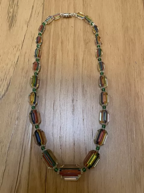 Vintage Antique Art Deco 1930s Rainbow Cane Glass Beads Beaded Necklace