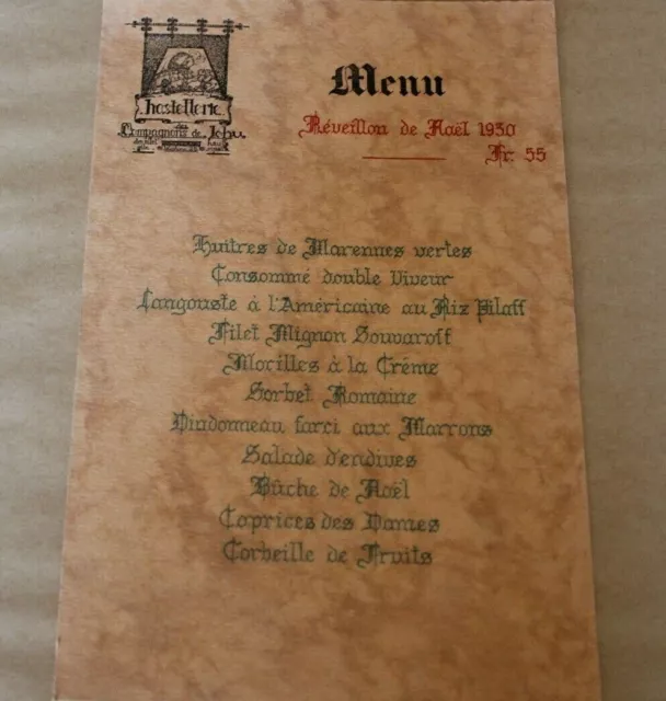 ancien Menu  réveillon de noël 1930 hostellerie de JEBU