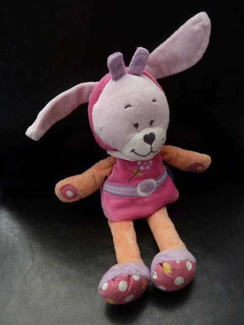 U5. DOUDOU PELUCHE TEX BABY LAPIN ROBE CAPUCHE ROSE PATTES ORANGE 28 cms - TBE