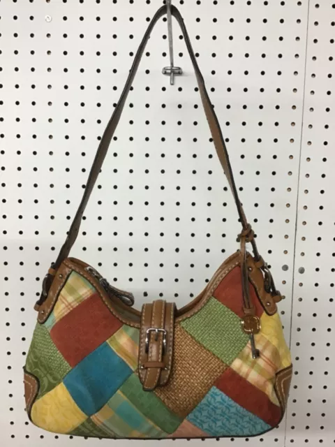FOSSIL Canvas Leather Suede PATCHWORK  BoHo Handbag PURSE Hobo Bag Colorful