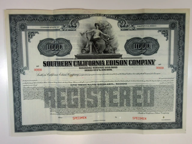 Southern California Edison Co. Ltd., 1927 $1,000 Reg. 5% Specimen Bond, XF-Gray