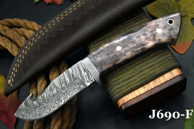 Custom Damascus Steel Gut Hook Hunting Knife Handmade,Camel Bone Handle (J690-F)