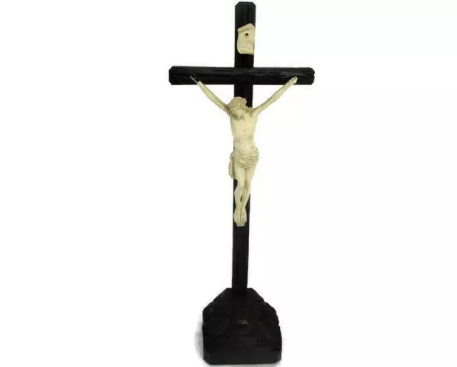 Antique Standing Table Altar Crucifix  Cross Jesus Christ Crucifixion Wood Plast