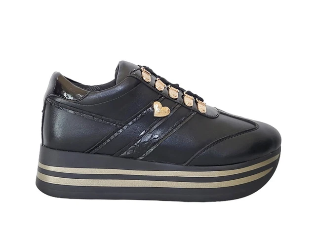 Scarpe Sneakers Donna Braccialini I92C Pelle Nero Black Oro Zeppa Plateau Lacci