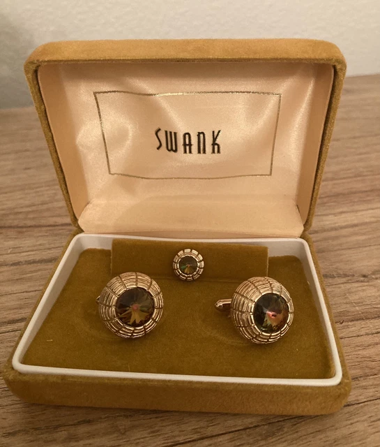 Swank Vintage Gold Tone With Stone Cuff links & Tie Pin Set In Box