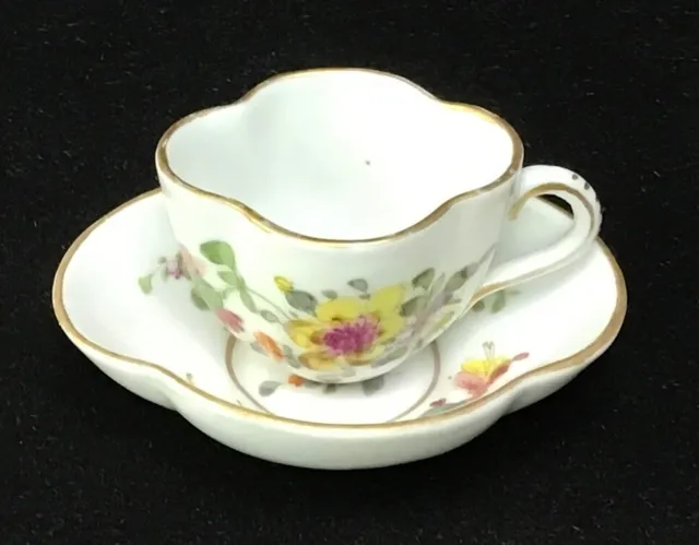 Antique Dresden Germany Demitasse Tiny Cup And Saucer Quatrefoil Flowers Gold