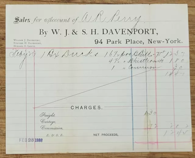 1888 Letterhead New York City WJ SH Davenport