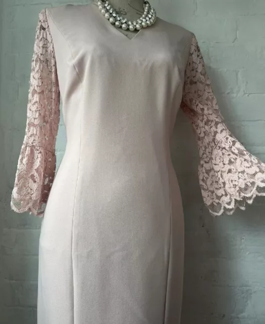 Abito Patrizia Dini taglia 14 rosa pizzo maniche lunghe a v collo madre della sposa