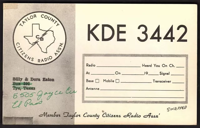 QSL QSO RADIO CARD "Taylor County Citizens Radio Ass'n./Billy/Dora", TX  (Q1727)