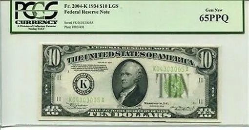 FR 2004-K 1934 $10 Federal Reserve Light Green Seal 65 PPQ GEM NEW