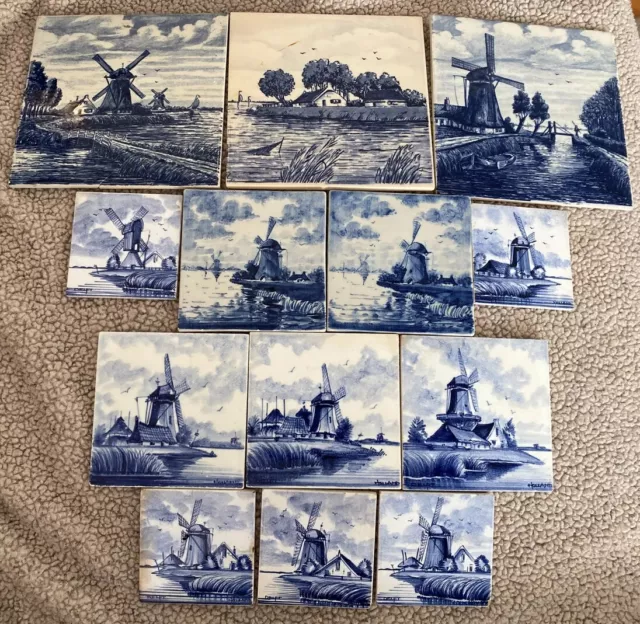 Lot 13 Delft Holland Blue & White Windmill Water Ceramic Tiles Trivets 6” 4” 3”