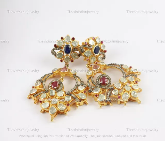 925 Sterling Silver Polki, Ruby, Sapphire & Pave Diamond Victorian Earring.