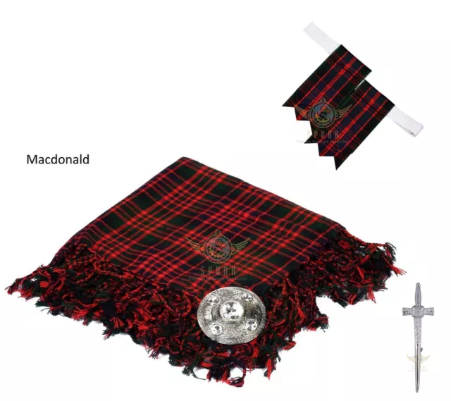 Men's Scottish Macdonald Tartan Kilt FLY PLAID + Brooch- kilt Flashes-Kilt pin