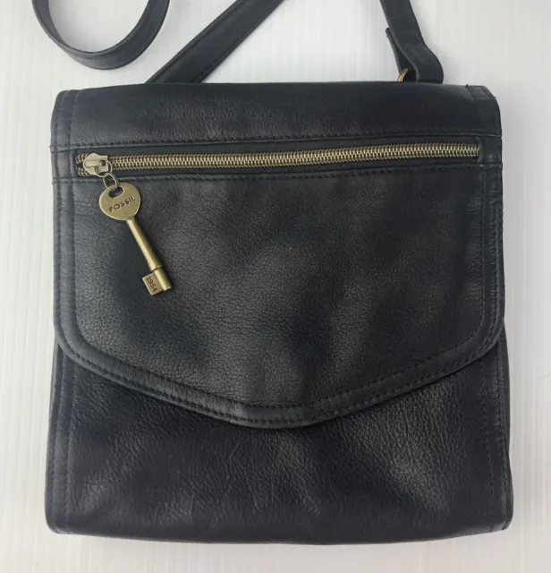 Vintage Fossil Black Leather Crossbody Bag Purse 1954 Key 75082 American Classic 2