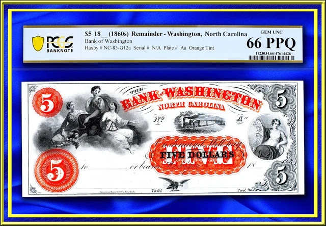 INA North Carolina Bank of Washington $5 US Obsolete Currency Note PCGS 66 PPQ