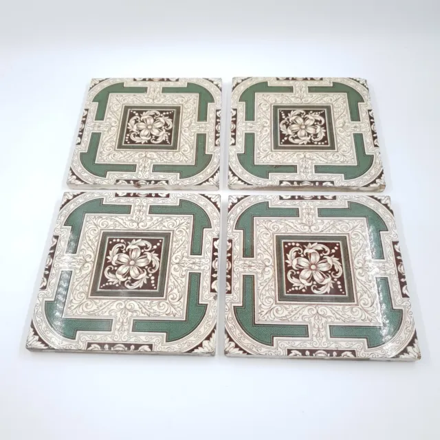 Mintons Tile China Works Stoke on Trent Set 4 Antique Aesthetic C 1883 Green Rec