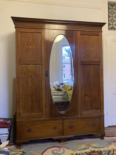 Antique Edwardian Mahogany and Inlay Wardrobe with Mirror, circa 1920s