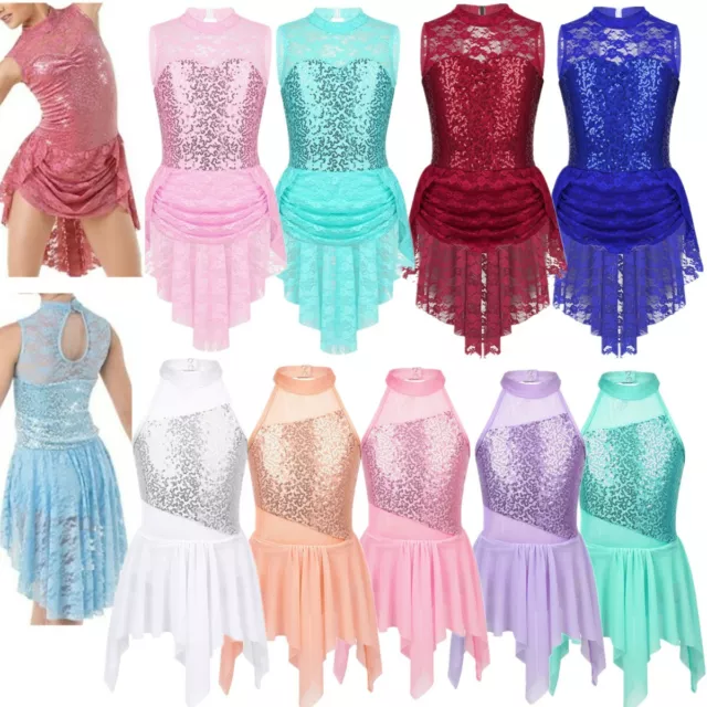 Girls Lyrical Sequins Dance Dress Ballet Leotard Irregular Hem Dancewear Costume