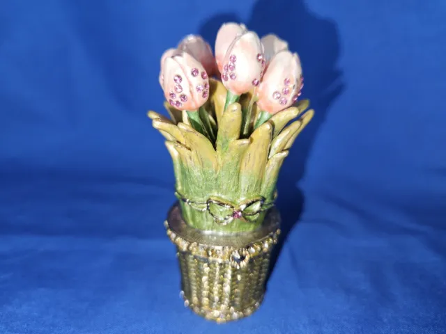 Bejeweled Pink Enameled Flowers - Pink Tulips in Basket TRINKET BOX Dept. 56