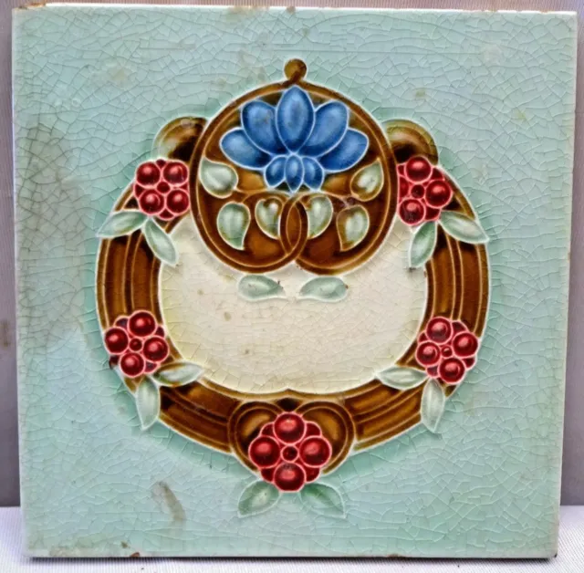 Tile Art Nouveau Majolica Flower Necklace Design Vintage Porcelain Collectibles