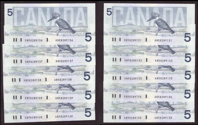 10x 1986 Canada $5 consecutive notes Knight Dodge ANR8289151-60 CH UNC