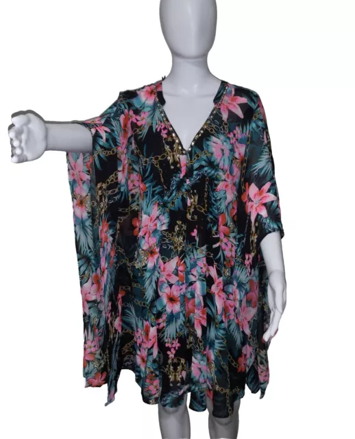 Jennifer Lopez Caftan Dress Large Black Tropical Floral Kaftan Kimono Beaded
